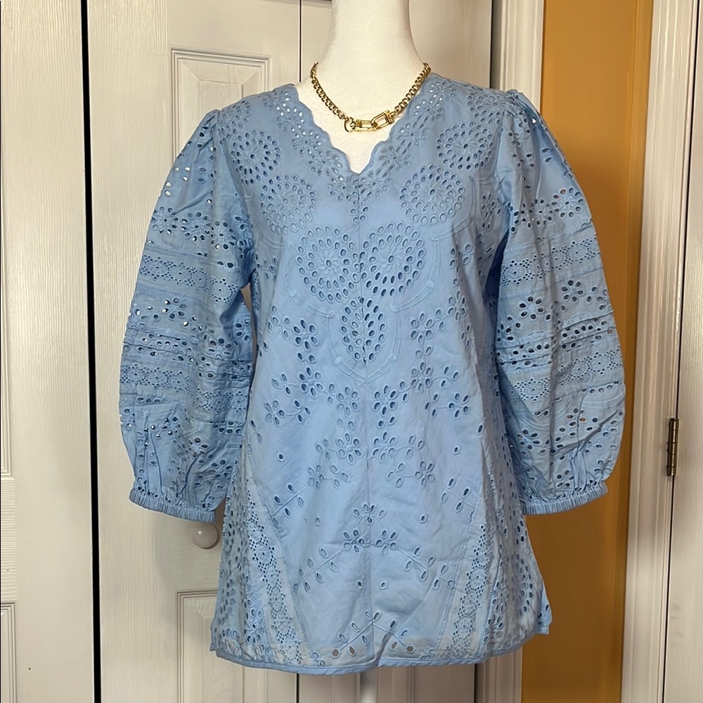 NWOT Blue Puff Sleeve Embellished Blouse